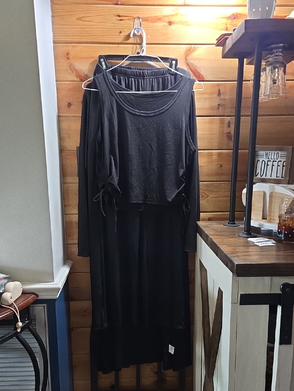 Hotie 2X 3 Piece Black Rouched Tank, Elastic Pants, Open Cardigan NWOT 0495